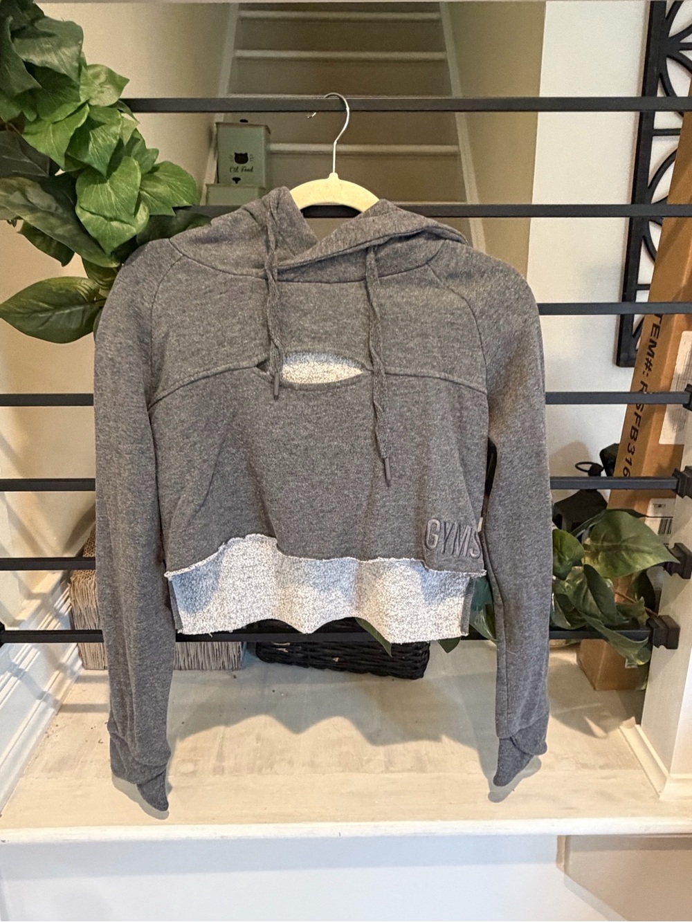 Gymshark Gray Distressed Cropped Hoodie Cutout Sweatshirt Size Small